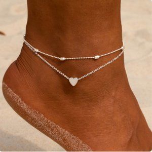 🍏50% OFF/3+...Dainty Double Chain with Small Heart Charm Anklet (Silver tone)